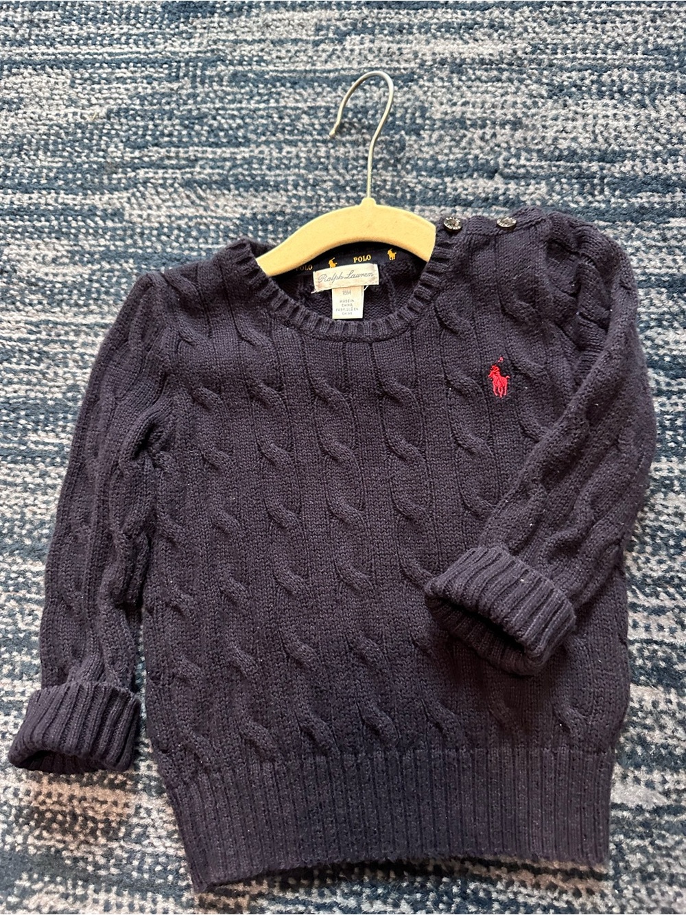 Toddler boy Ralph Lauren Navy Cable-Knit Sweater with Red Pony